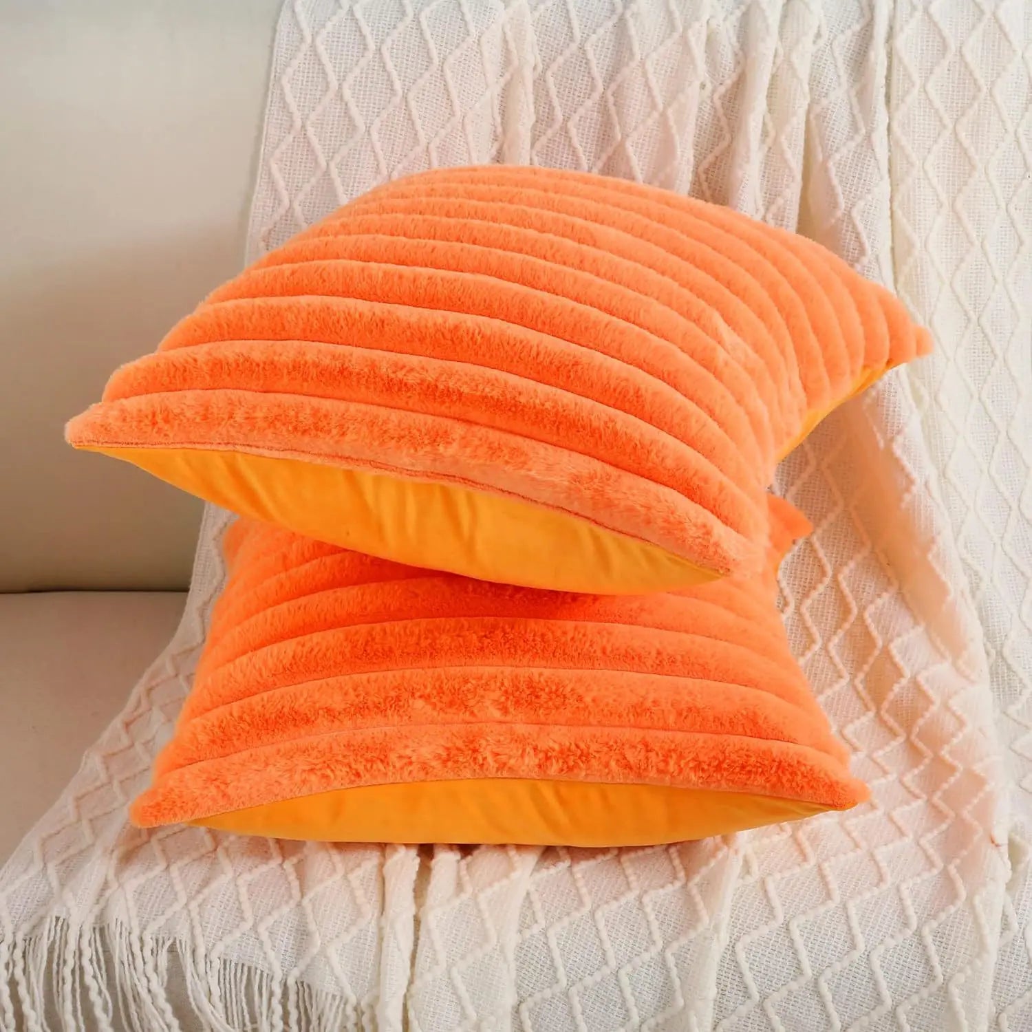 Faux Rabbit Fur Square Cushion Cover – Super Soft Striped Pillow Cover for Sofa
