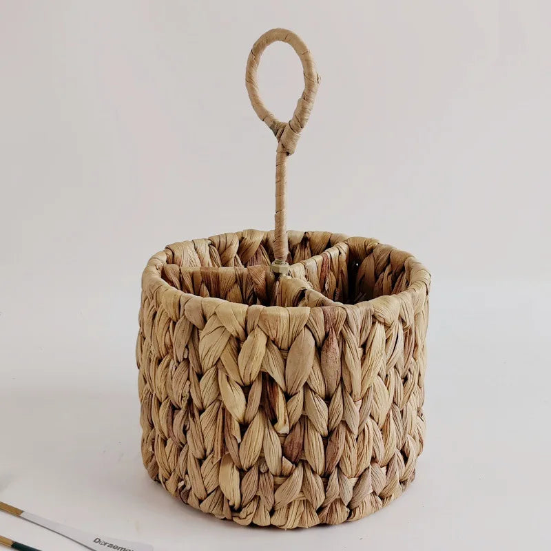 Handwoven Rattan Cutlery Holder – Round Wicker Flatware & Utensil Organizer