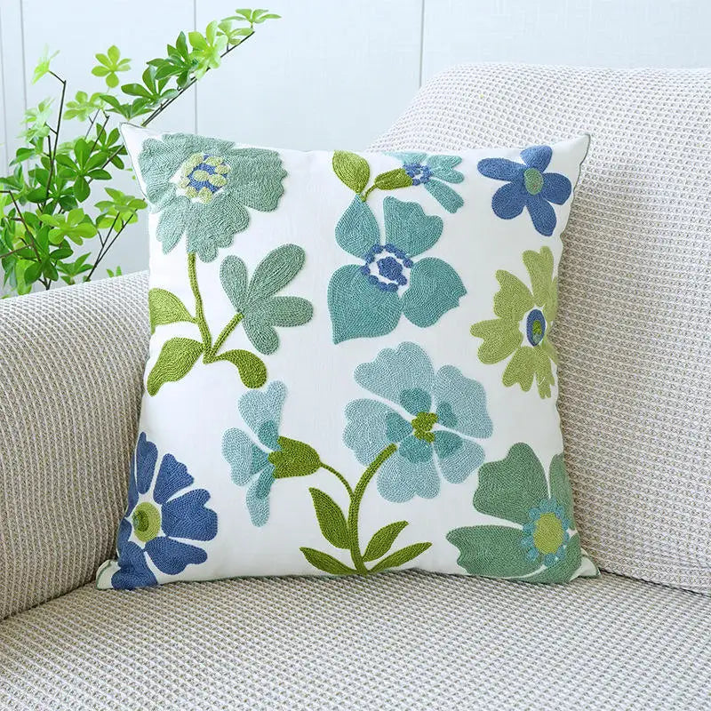 Embroidered Floral Pillow Cover – Nordic Style Cotton Mesh Cushion Cover