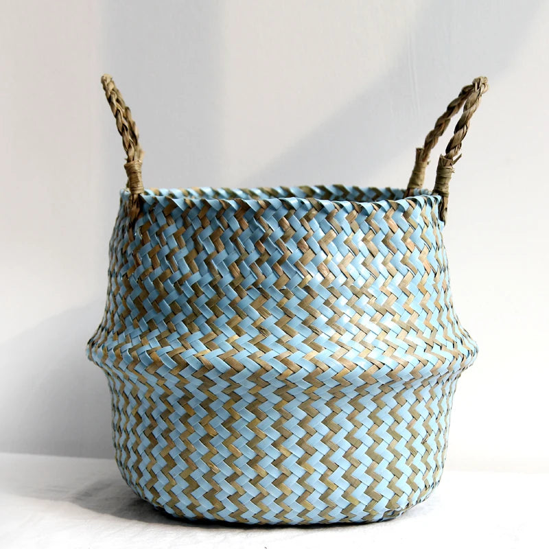Boho Striped Wicker Storage Basket – Collapsible Laundry & Flower Pot Basket