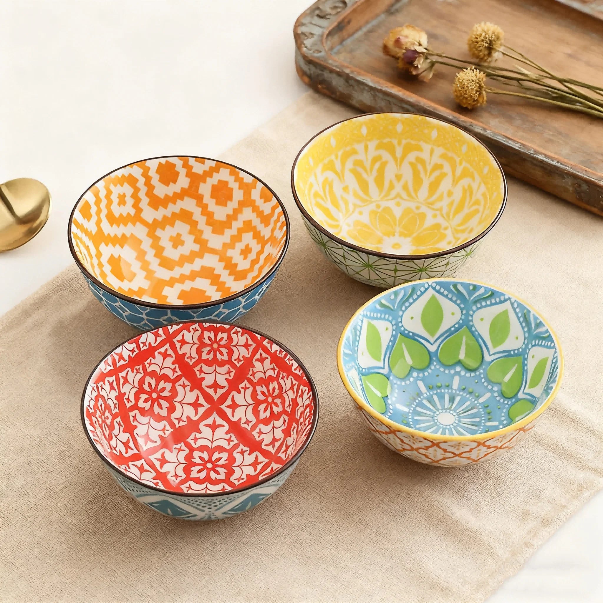 4-Piece Bohemian Ceramic Bowl Set – Dishwasher & Microwave Safe Salad, Soup & Snack Bowls