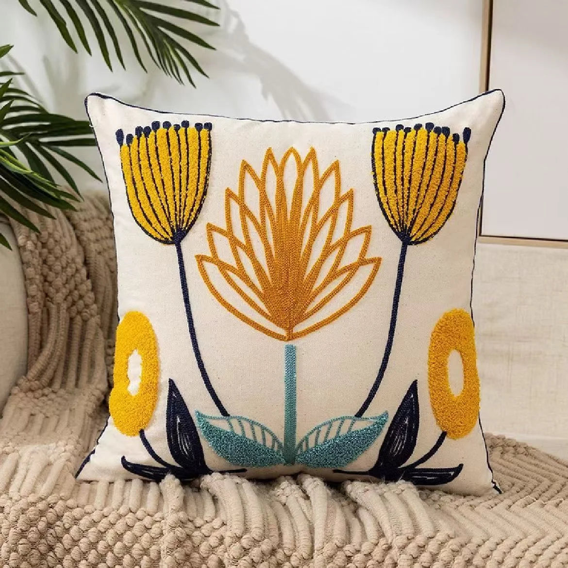 Embroidered Floral Pillow Cover – Nordic Style Cotton Mesh Cushion Cover