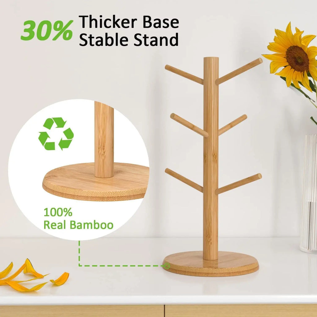 Bamboo Mug Tree with 6 Hooks – Coffee Cup Holder & Counter Organizer