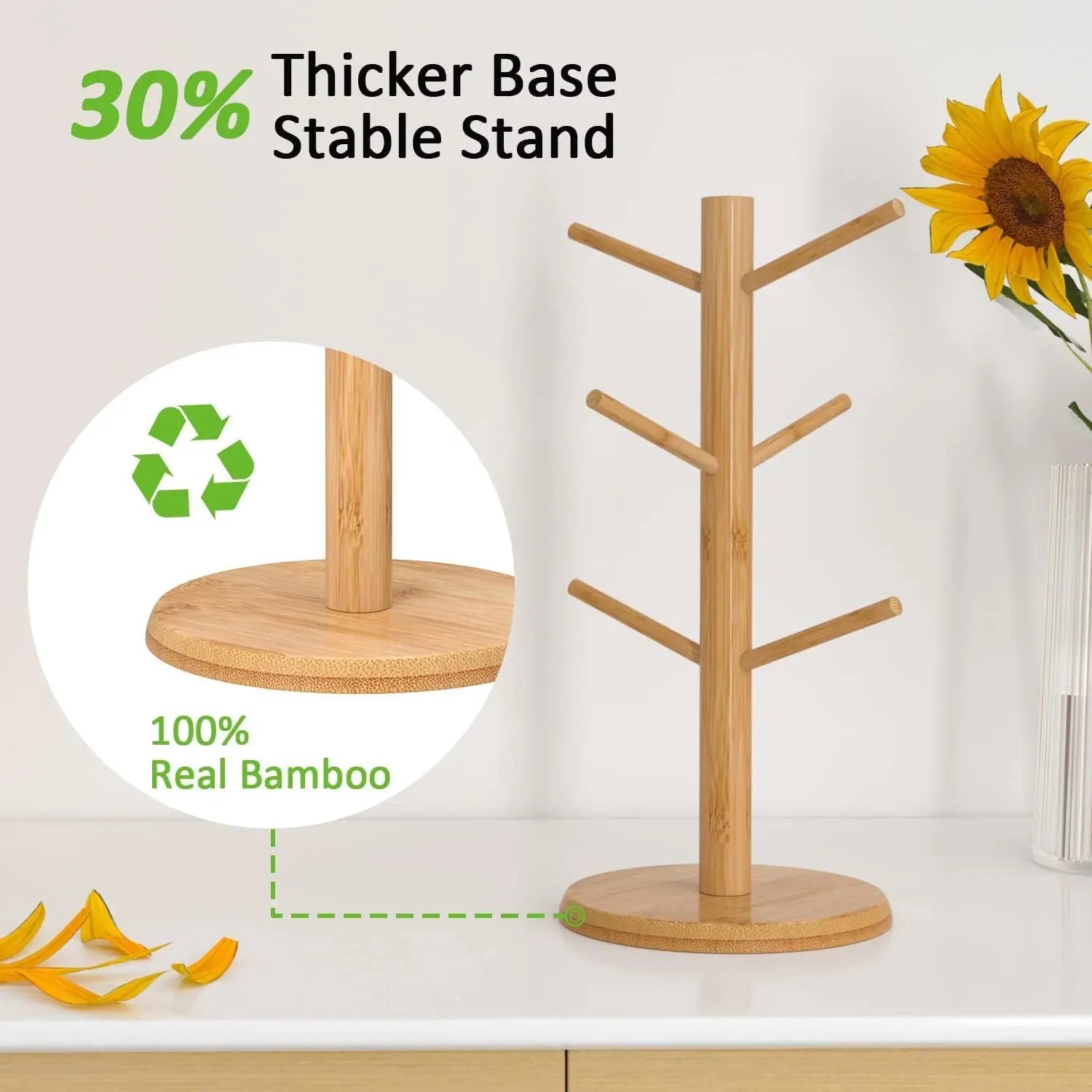 Bamboo Mug Tree with 6 Hooks – Coffee Cup Holder & Counter Organizer