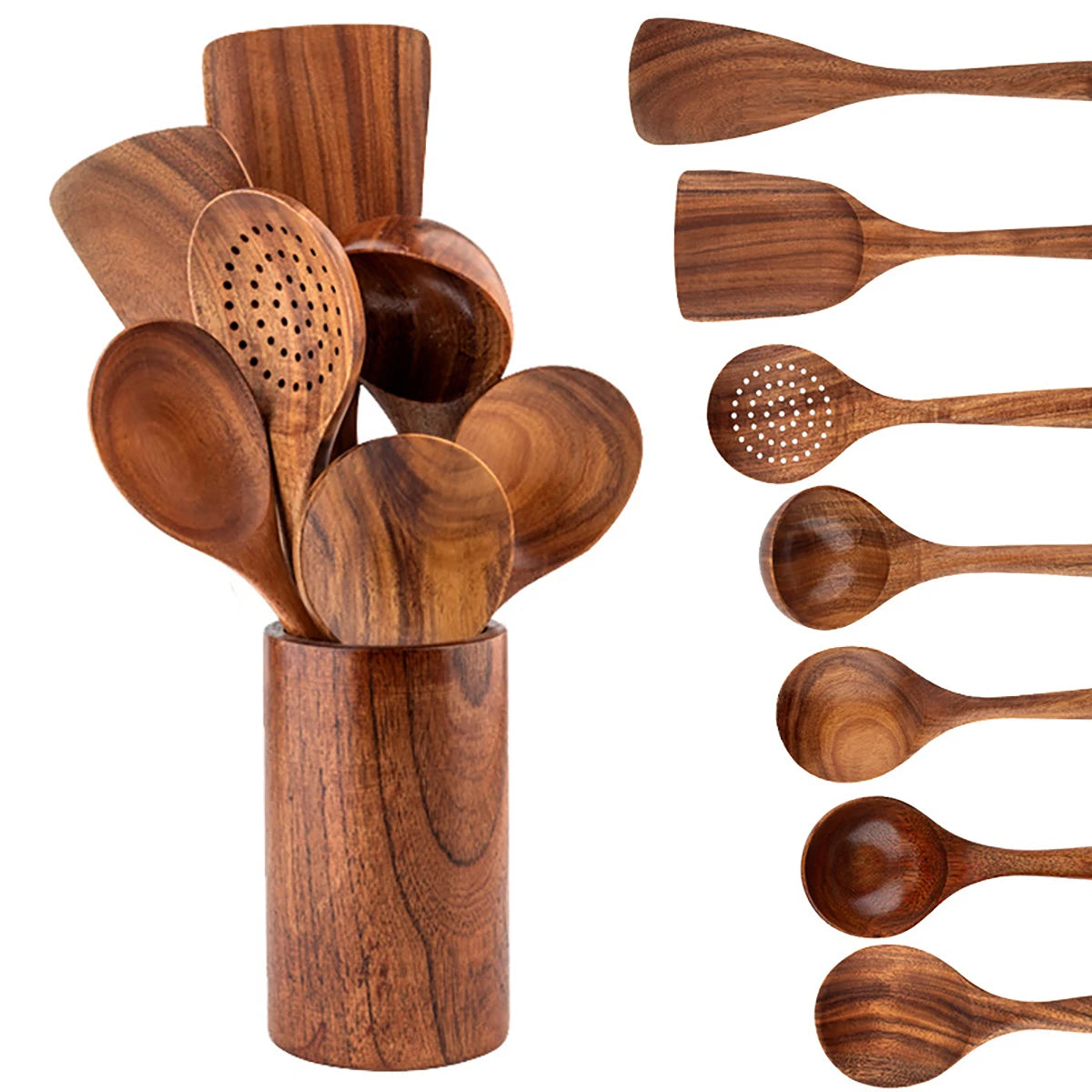 Wooden Kitchen Cooking Utensil Set – Spatula, Spoon, Fork & Storage Bucket