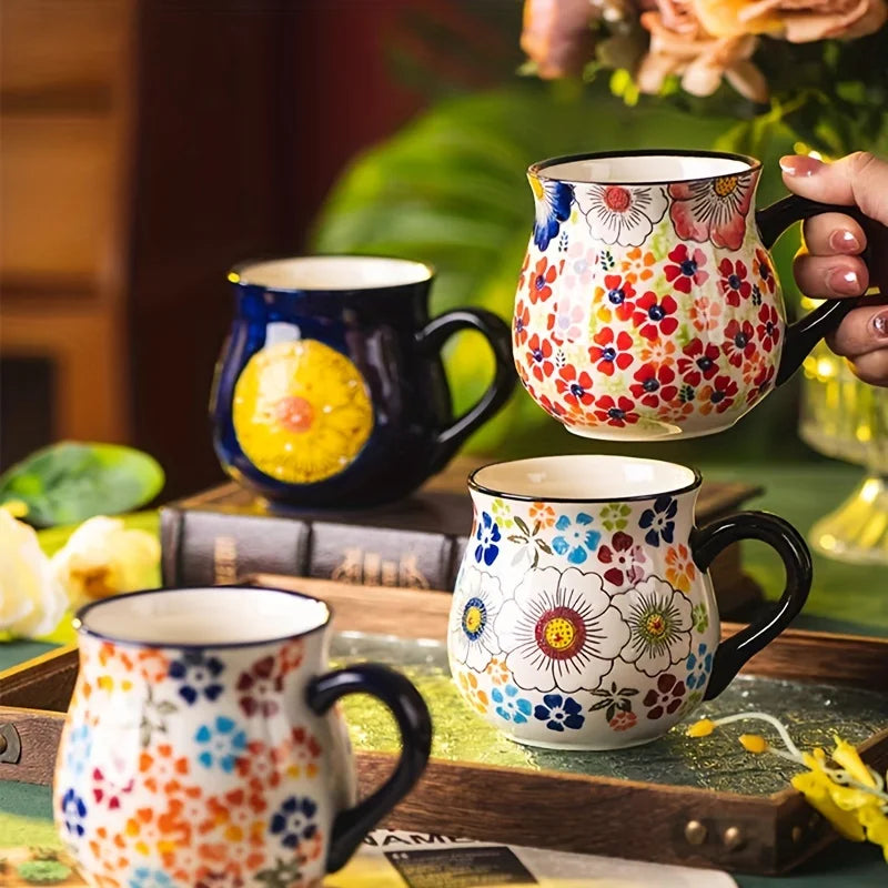Hand-Painted Floral Ceramic Mug – Wide-Mouth Polish Pottery Style Coffee & Tea Mug