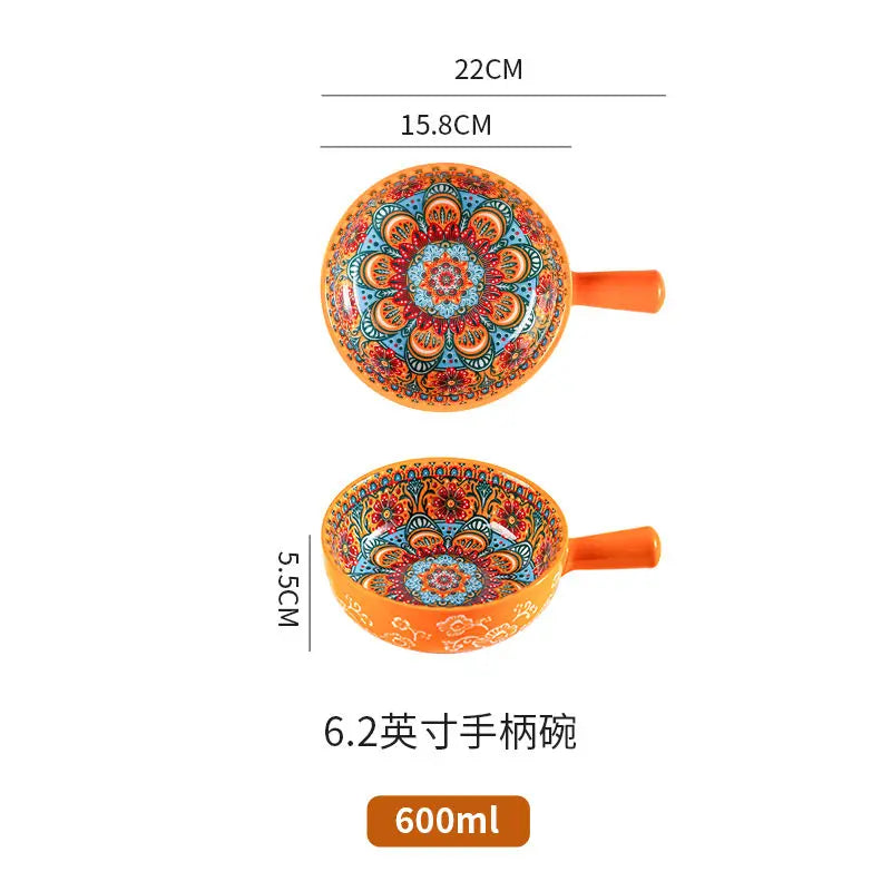 Bohemian Ceramic Rice Bowl with Handle – Soup, Noodle & Sauce Serving Bowl