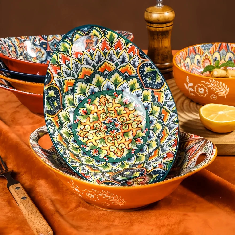 Bohemian Oval Ceramic Salad Bowl with Handle – Microwave Safe, Set of 2