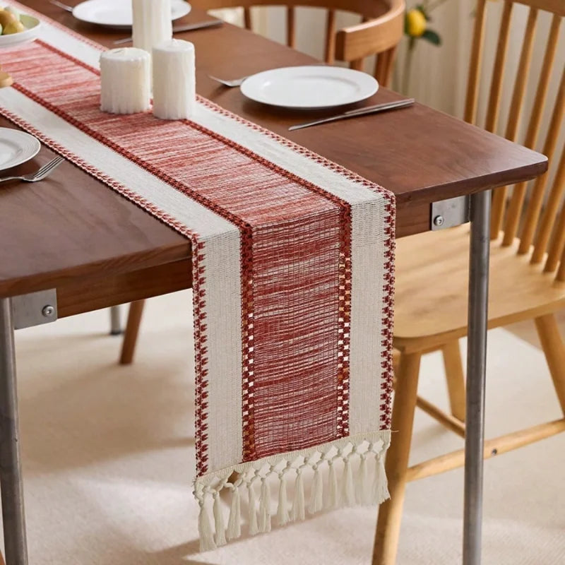 Nordic Boho Striped Table Runner – Hand-Woven with Tassels for Spring & Rustic Decor