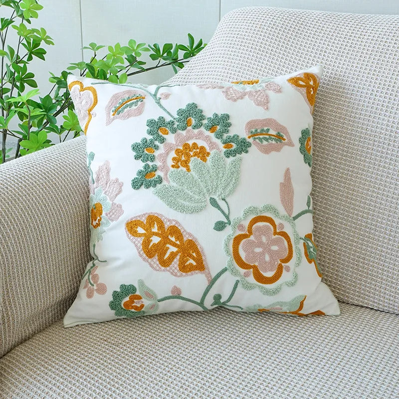 Embroidered Floral Pillow Cover – Nordic Style Cotton Mesh Cushion Cover