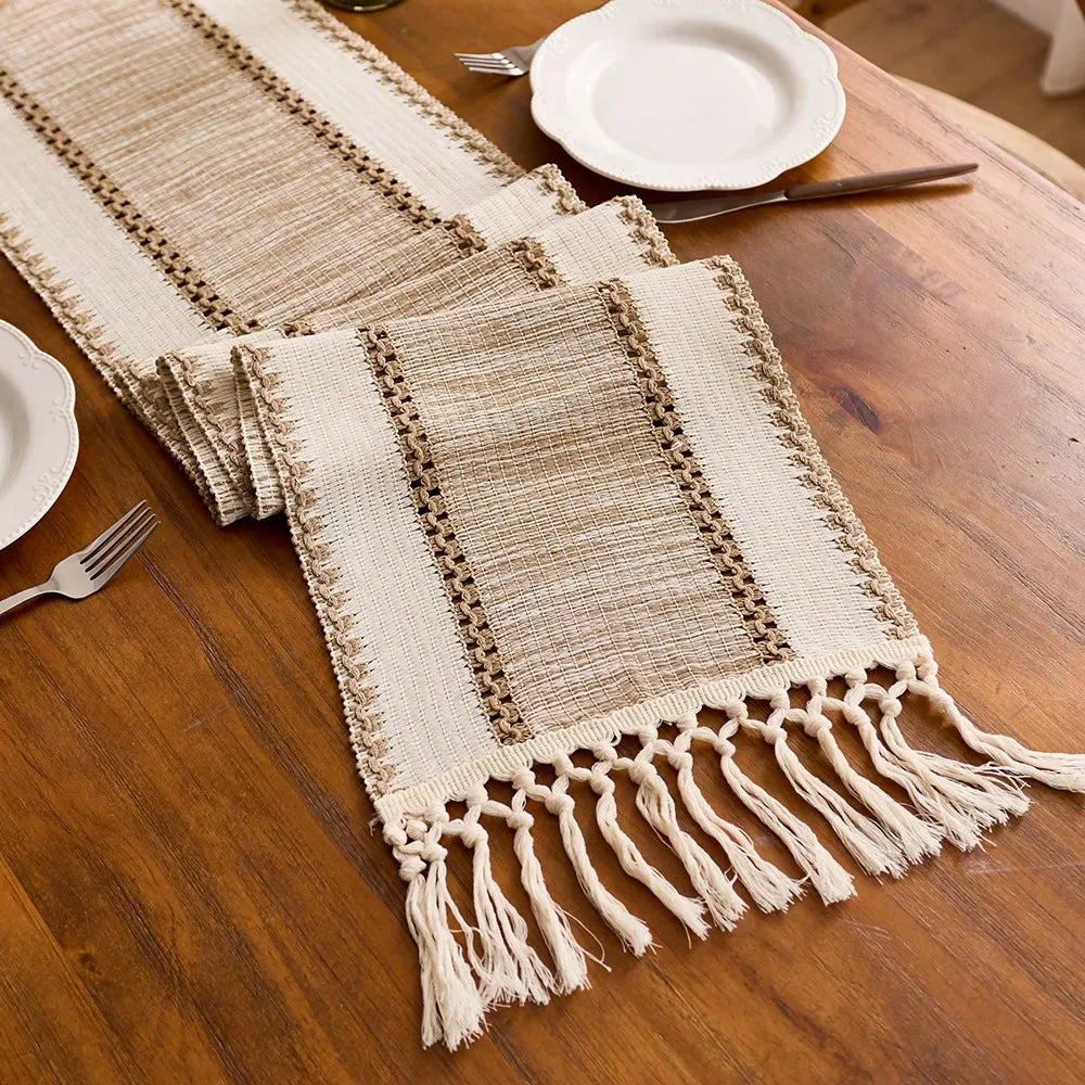 Nordic Boho Striped Table Runner – Hand-Woven with Tassels for Spring & Rustic Decor