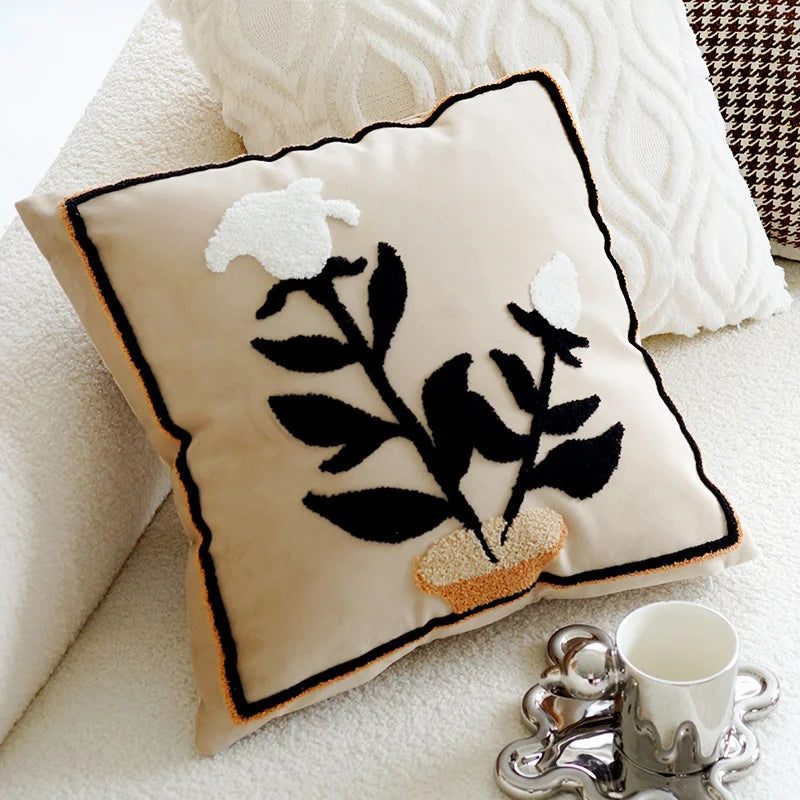 Embroidered Floral Pillow Cover – Nordic Style Cotton Mesh Cushion Cover