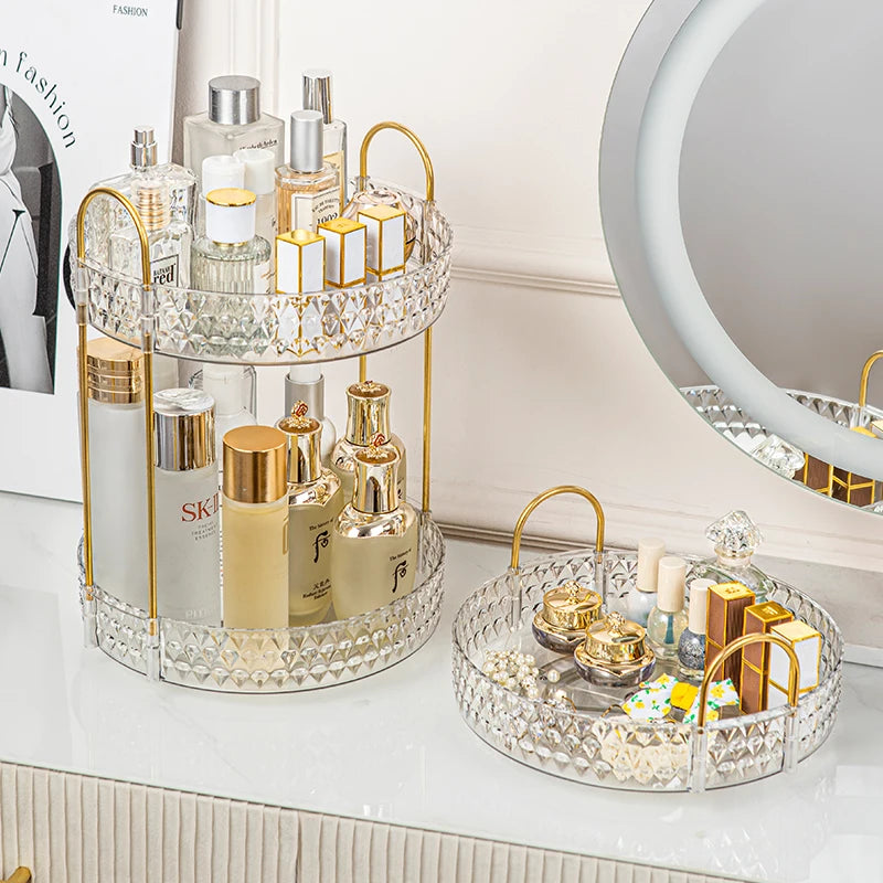 360° Rotating Makeup Organizer – 3-Tier Clear Diamond Vanity Organizer