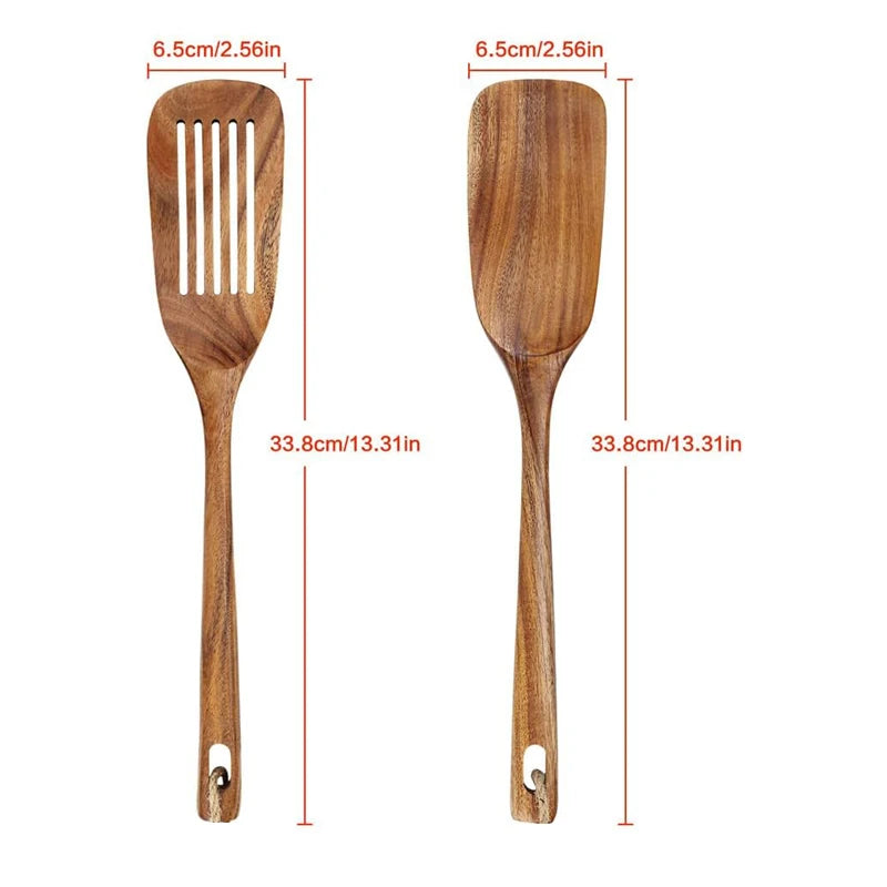 Teak Wood Spatula Set of 2 – Heat-Resistant Slotted Turner for Non-Stick Cookware