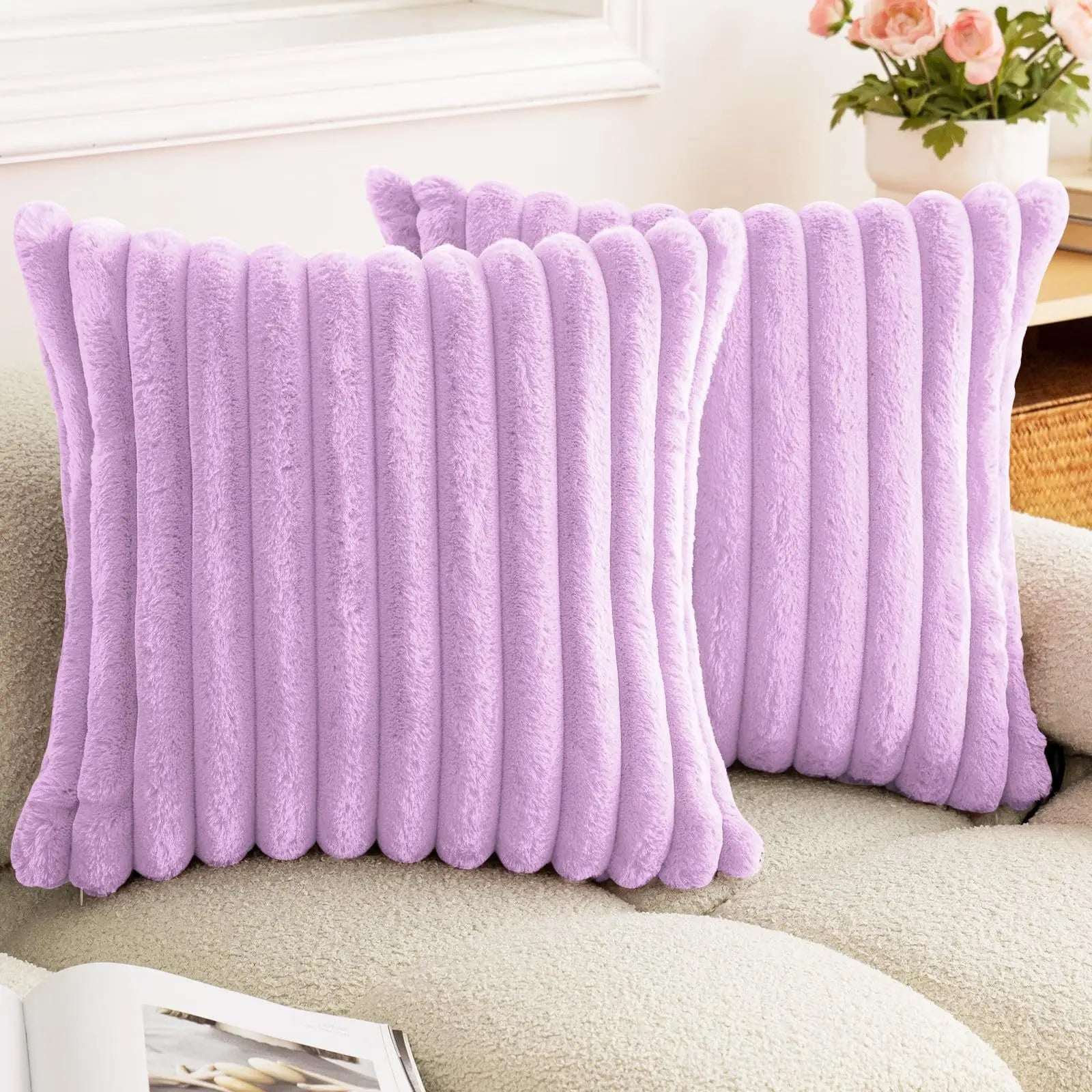 Faux Rabbit Fur Square Cushion Cover – Super Soft Striped Pillow Cover for Sofa