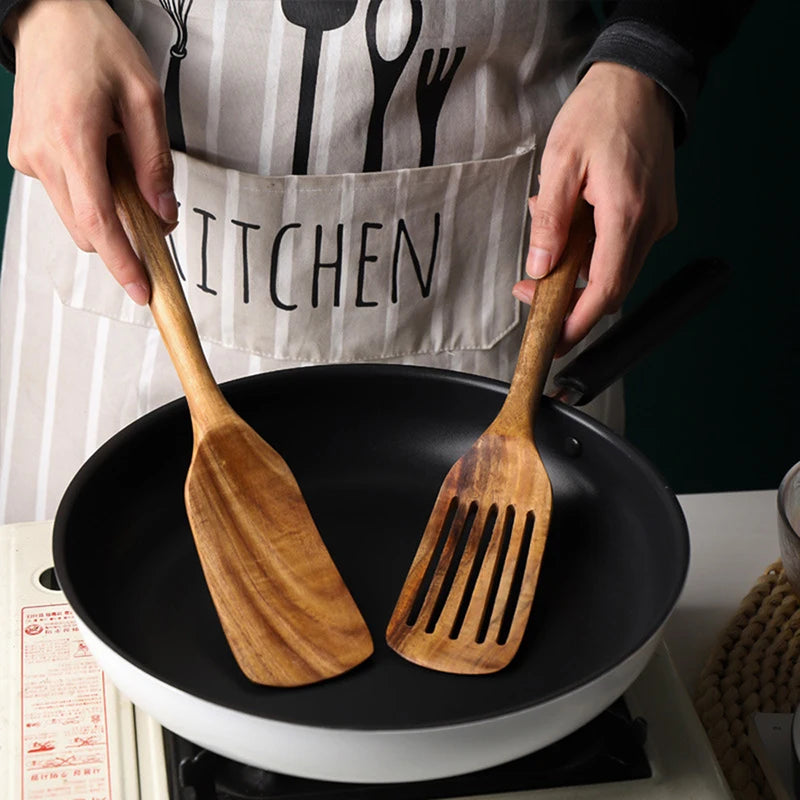 Teak Wood Spatula Set of 2 – Heat-Resistant Slotted Turner for Non-Stick Cookware