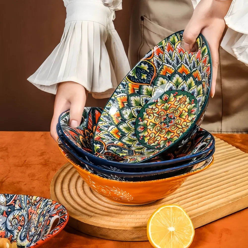 Bohemian Oval Ceramic Salad Bowl with Handle – Microwave Safe, Set of 2