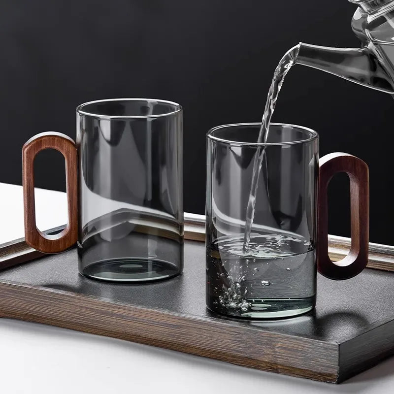 Glass Mug with Walnut Wooden Handle – 360ml Heat-Resistant Borosilicate Teacup