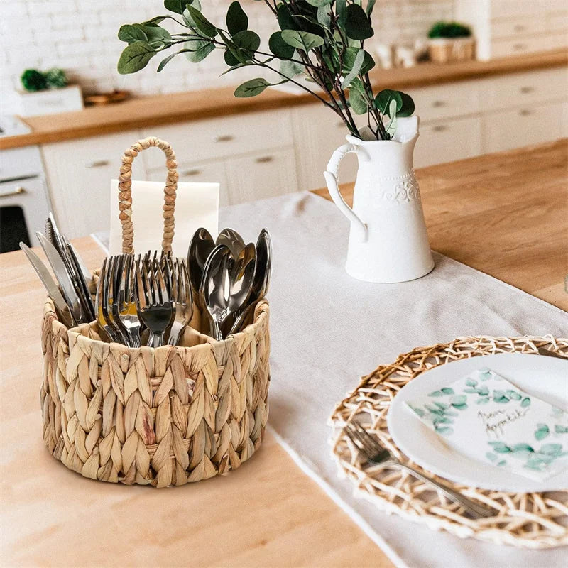 Handwoven Rattan Cutlery Holder – Round Wicker Flatware & Utensil Organizer