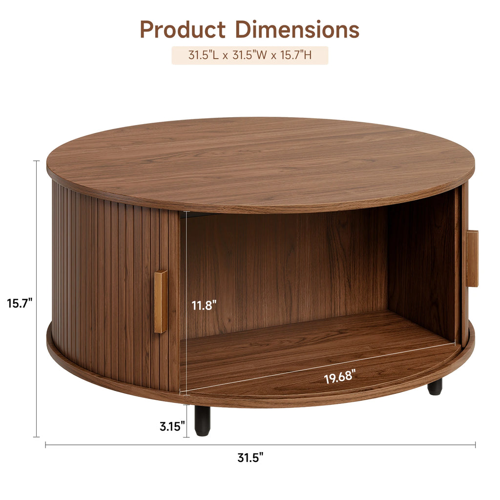 Round Coffee Table with Storage – 31.5" Fluted Wood, 360° Sliding Door
