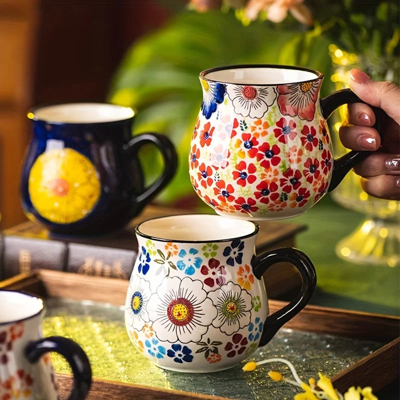 Hand-Painted Floral Ceramic Mug – Wide-Mouth Polish Pottery Style Coffee & Tea Mug
