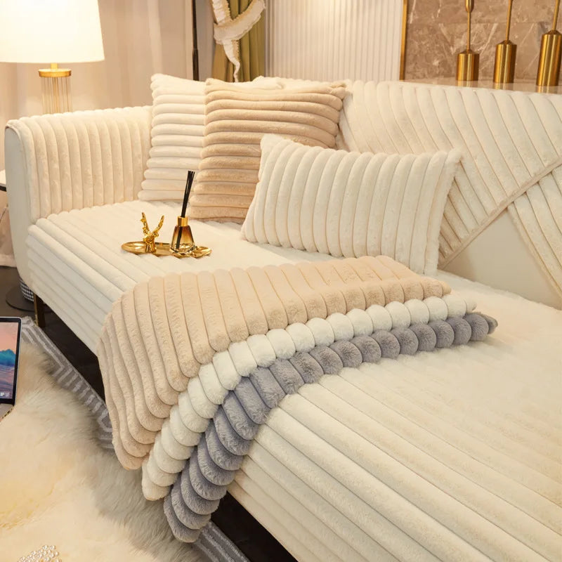 Faux Rabbit Fur Sofa Cushion Cover – Warm Non-Slip Seat Pad & Slipcover