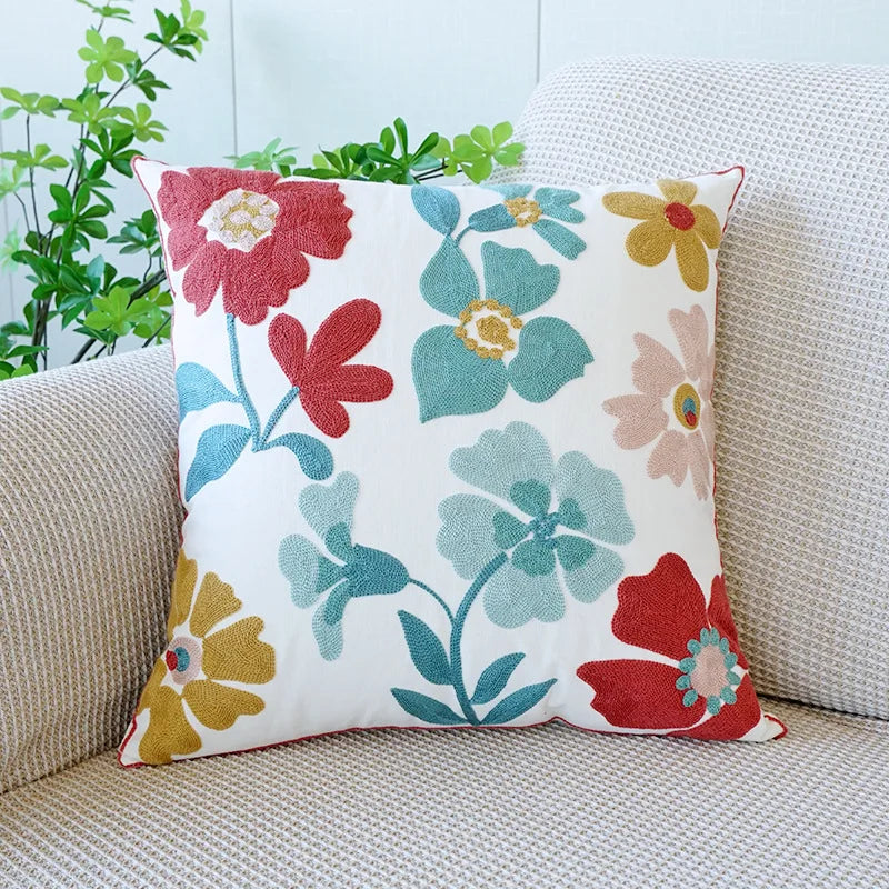 Embroidered Floral Pillow Cover – Nordic Style Cotton Mesh Cushion Cover