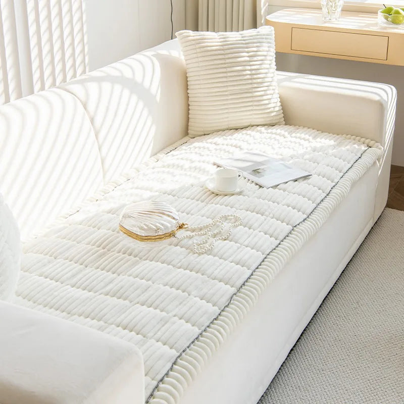 Thickened Flannel Sofa Pad – Warm Quilted Stripe Slipcover for Winter