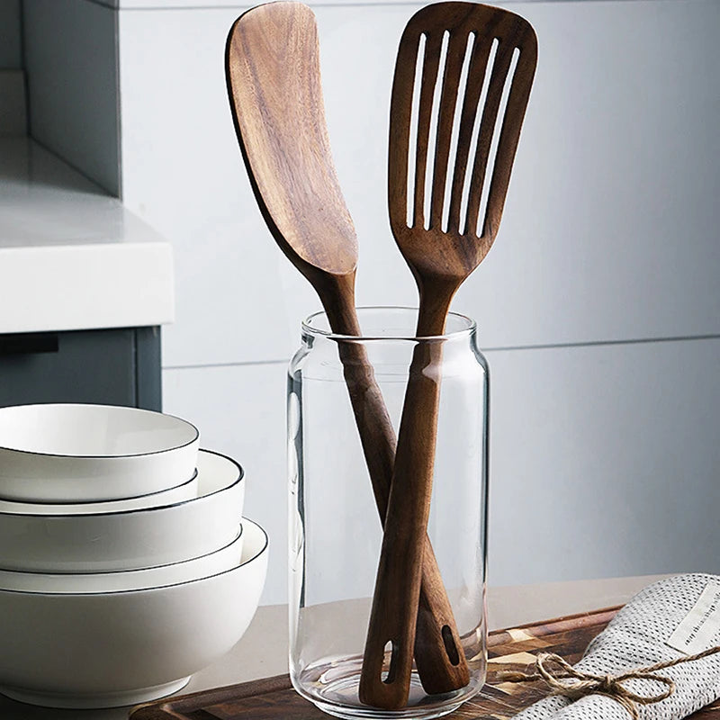 Teak Wood Spatula Set of 2 – Heat-Resistant Slotted Turner for Non-Stick Cookware