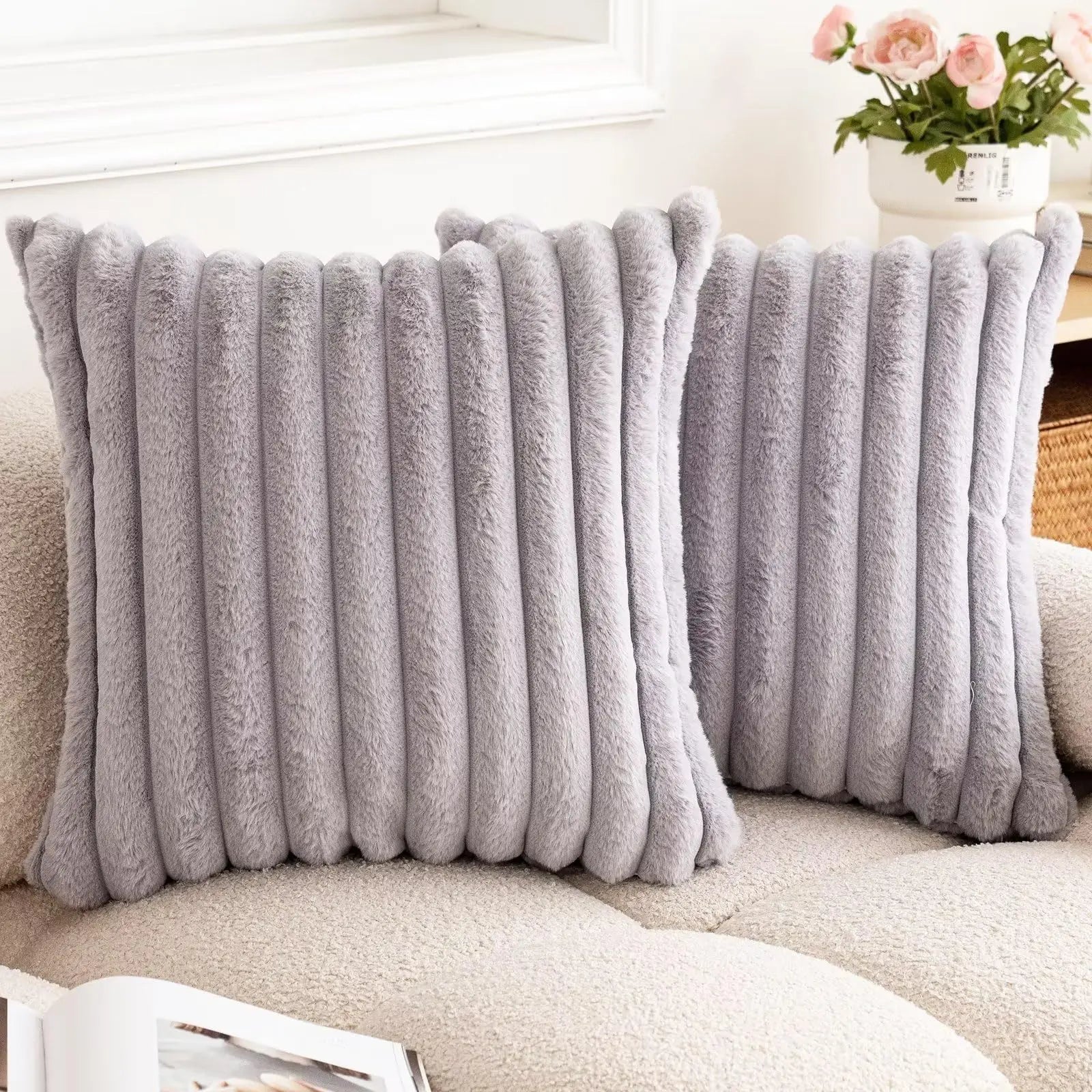 Faux Rabbit Fur Square Cushion Cover – Super Soft Striped Pillow Cover for Sofa