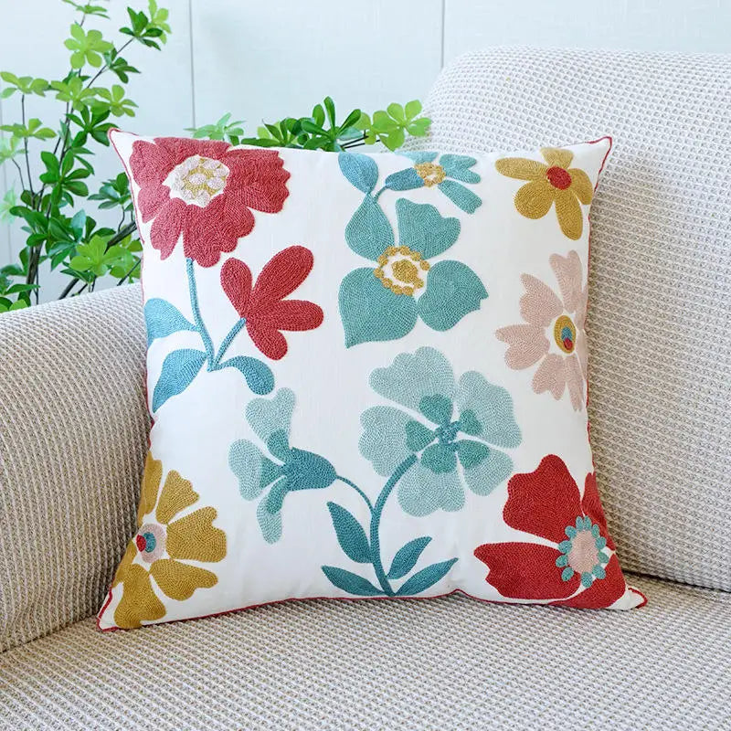 Embroidered Floral Pillow Cover – Nordic Style Cotton Mesh Cushion Cover