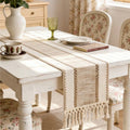 Nordic Boho Striped Table Runner – Hand-Woven with Tassels for Spring & Rustic Decor