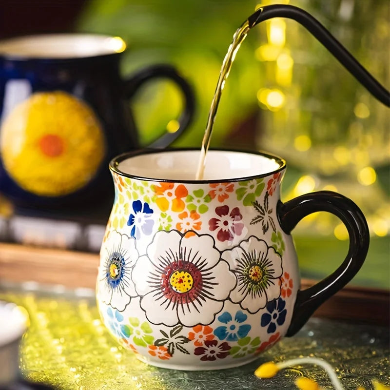 Hand-Painted Floral Ceramic Mug – Wide-Mouth Polish Pottery Style Coffee & Tea Mug