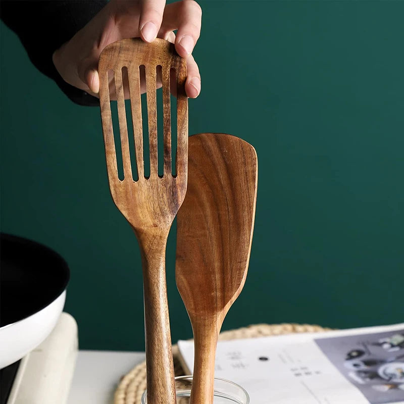 Teak Wood Spatula Set of 2 – Heat-Resistant Slotted Turner for Non-Stick Cookware