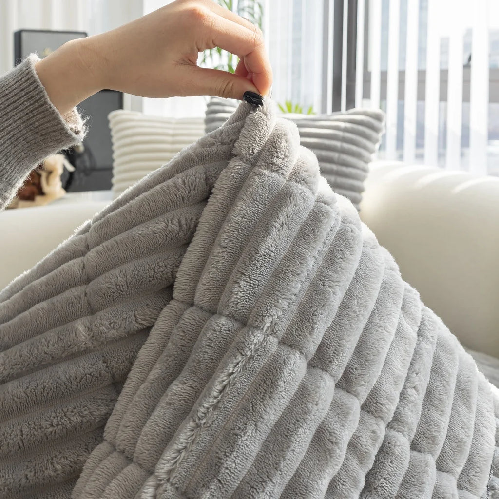 Thickened Flannel Sofa Pad – Warm Quilted Stripe Slipcover for Winter