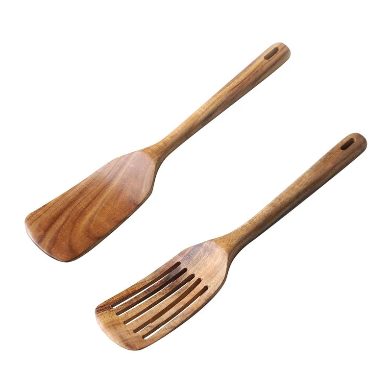 Teak Wood Spatula Set of 2 – Heat-Resistant Slotted Turner for Non-Stick Cookware