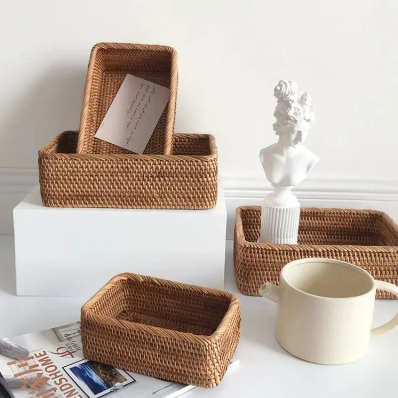 Handmade Rattan Nesting Baskets – Set of 3 Rectangular Wicker Storage Baskets