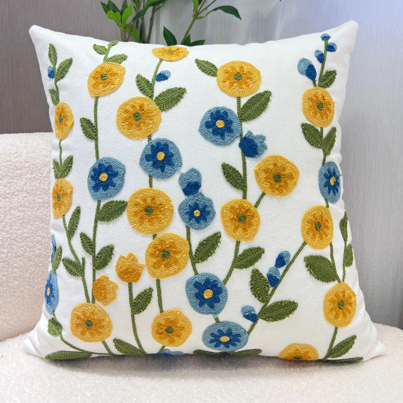 Embroidered Floral Pillow Cover – Nordic Style Cotton Mesh Cushion Cover