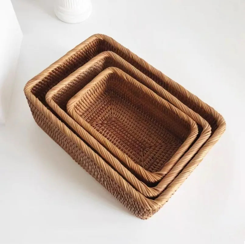 Handmade Rattan Nesting Baskets – Set of 3 Rectangular Wicker Storage Baskets