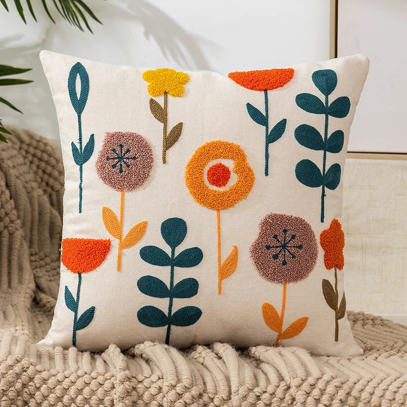 Embroidered Floral Pillow Cover – Nordic Style Cotton Mesh Cushion Cover