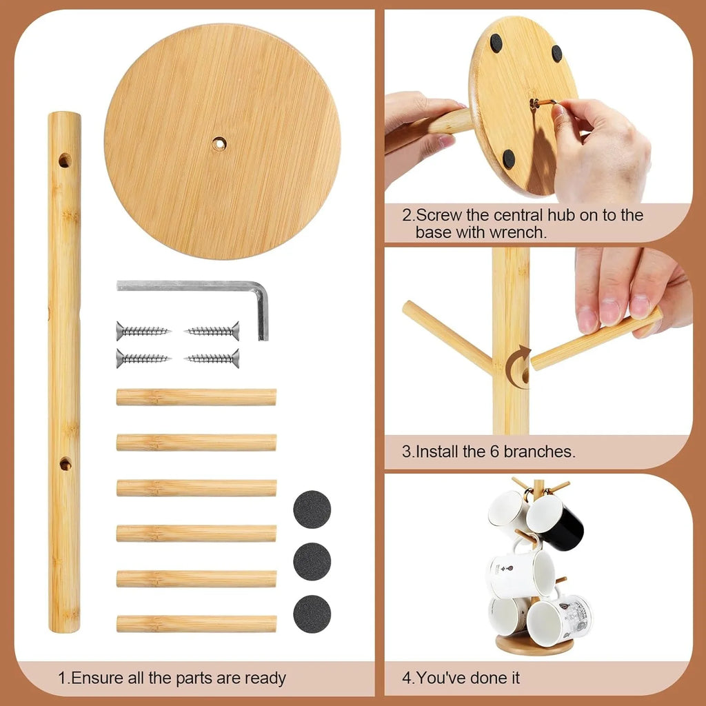 Bamboo Mug Tree with 6 Hooks – Coffee Cup Holder & Counter Organizer