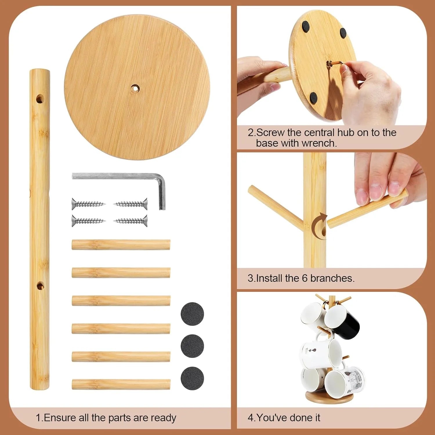 Bamboo Mug Tree with 6 Hooks – Coffee Cup Holder & Counter Organizer