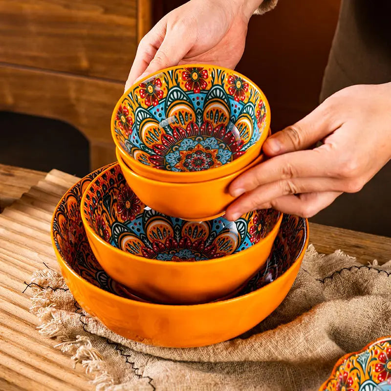 Bohemian Ceramic Rice Bowl with Handle – Soup, Noodle & Sauce Serving Bowl