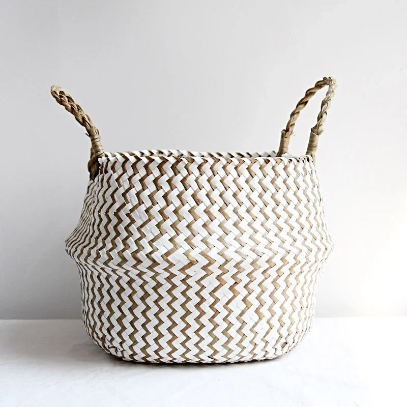 Boho Striped Wicker Storage Basket – Collapsible Laundry & Flower Pot Basket