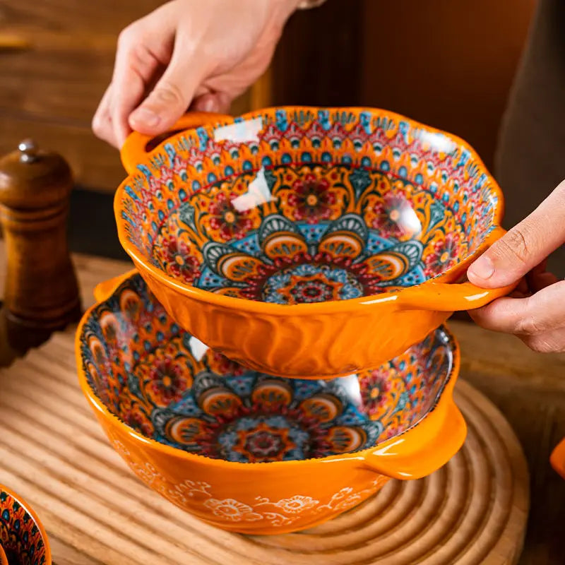 Bohemian Ceramic Rice Bowl with Handle – Soup, Noodle & Sauce Serving Bowl