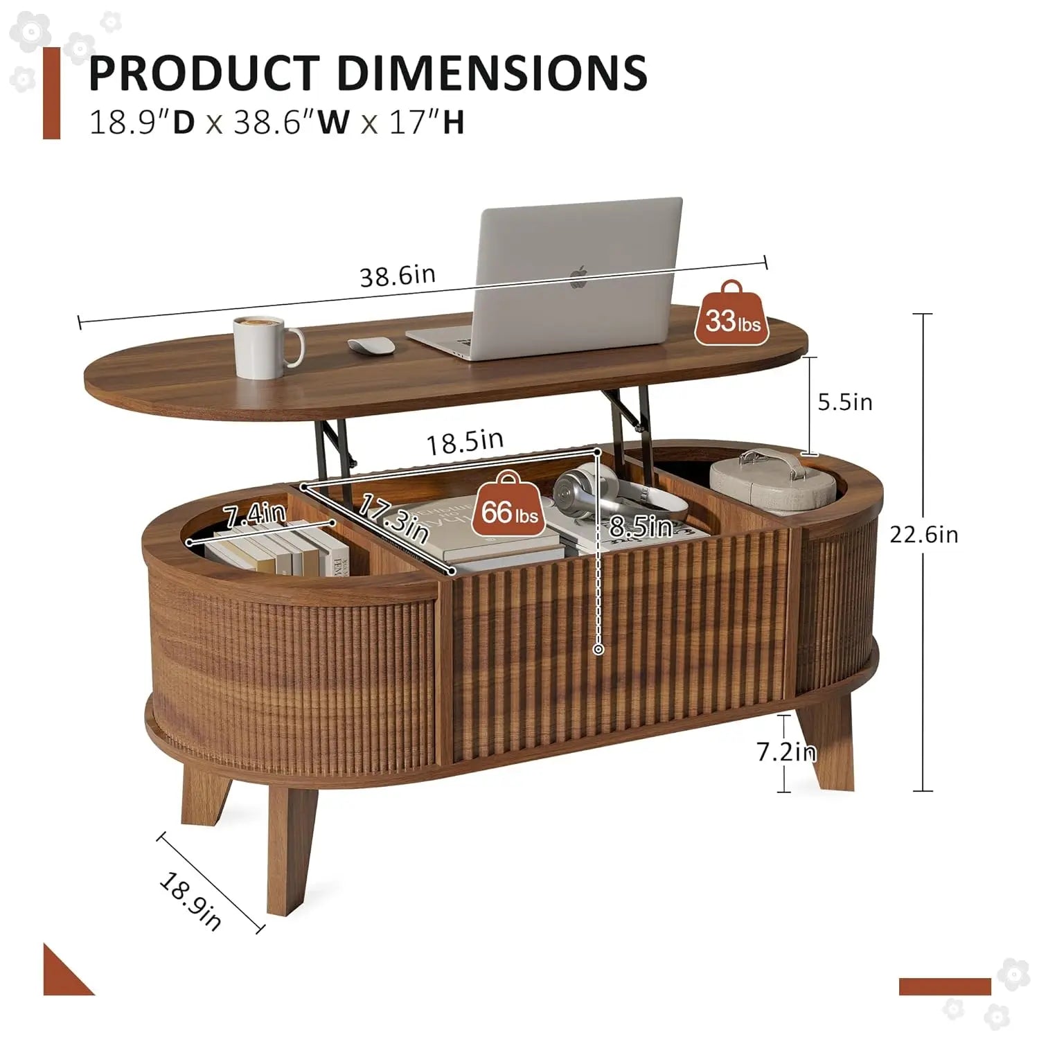 Fluted Lift Top Coffee Table with Storage – Modern Oval, Walnut