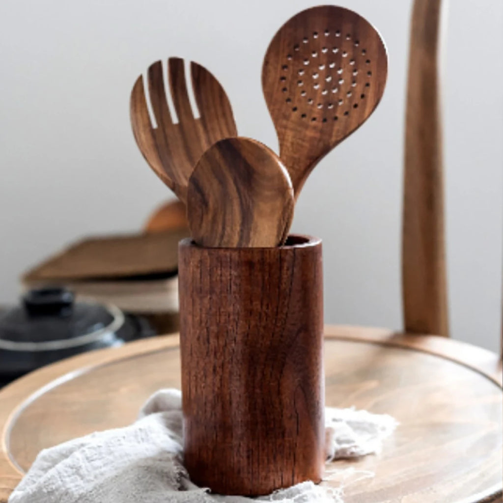 Wooden Kitchen Cooking Utensil Set – Spatula, Spoon, Fork & Storage Bucket