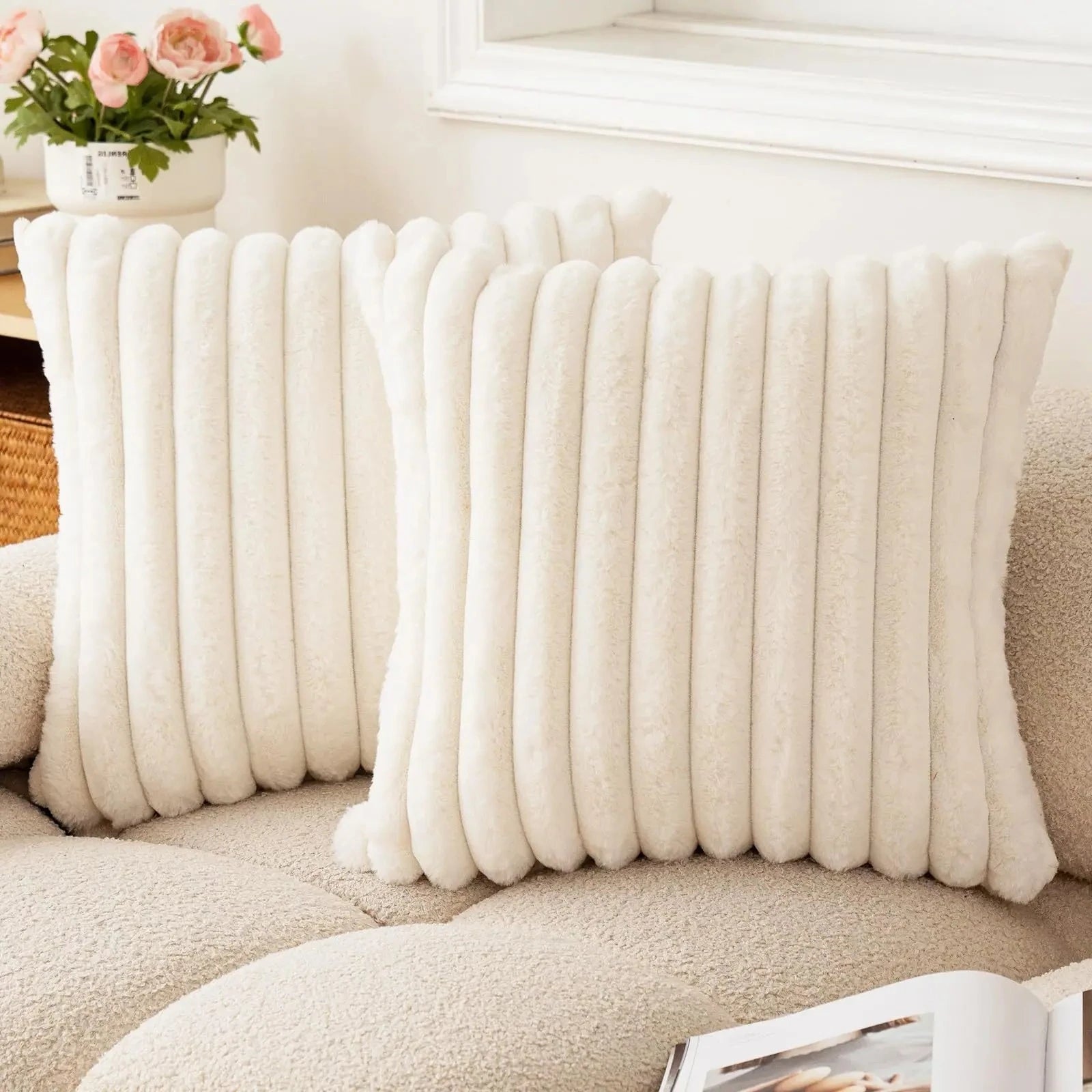 Faux Rabbit Fur Square Cushion Cover – Super Soft Striped Pillow Cover for Sofa