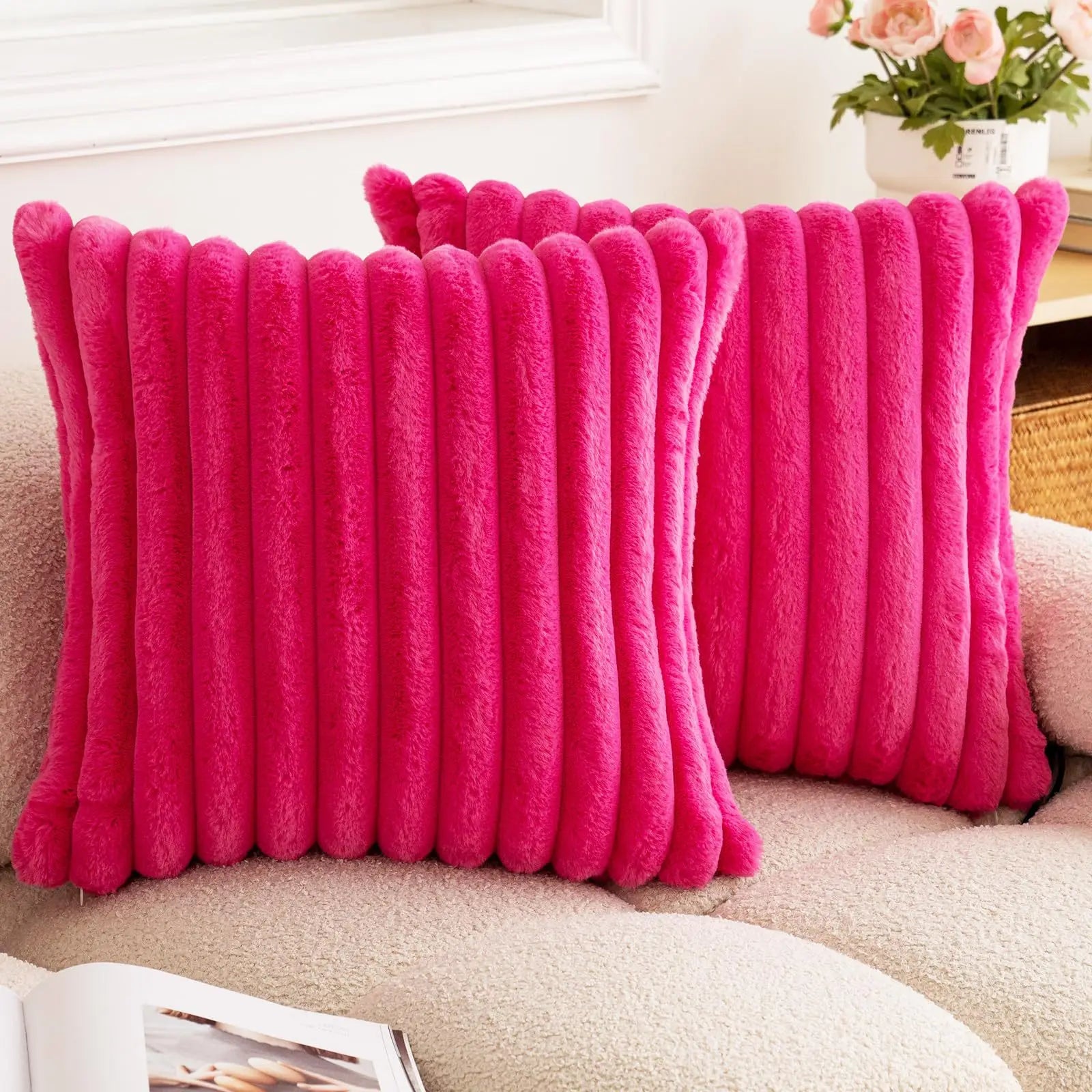 Faux Rabbit Fur Square Cushion Cover – Super Soft Striped Pillow Cover for Sofa