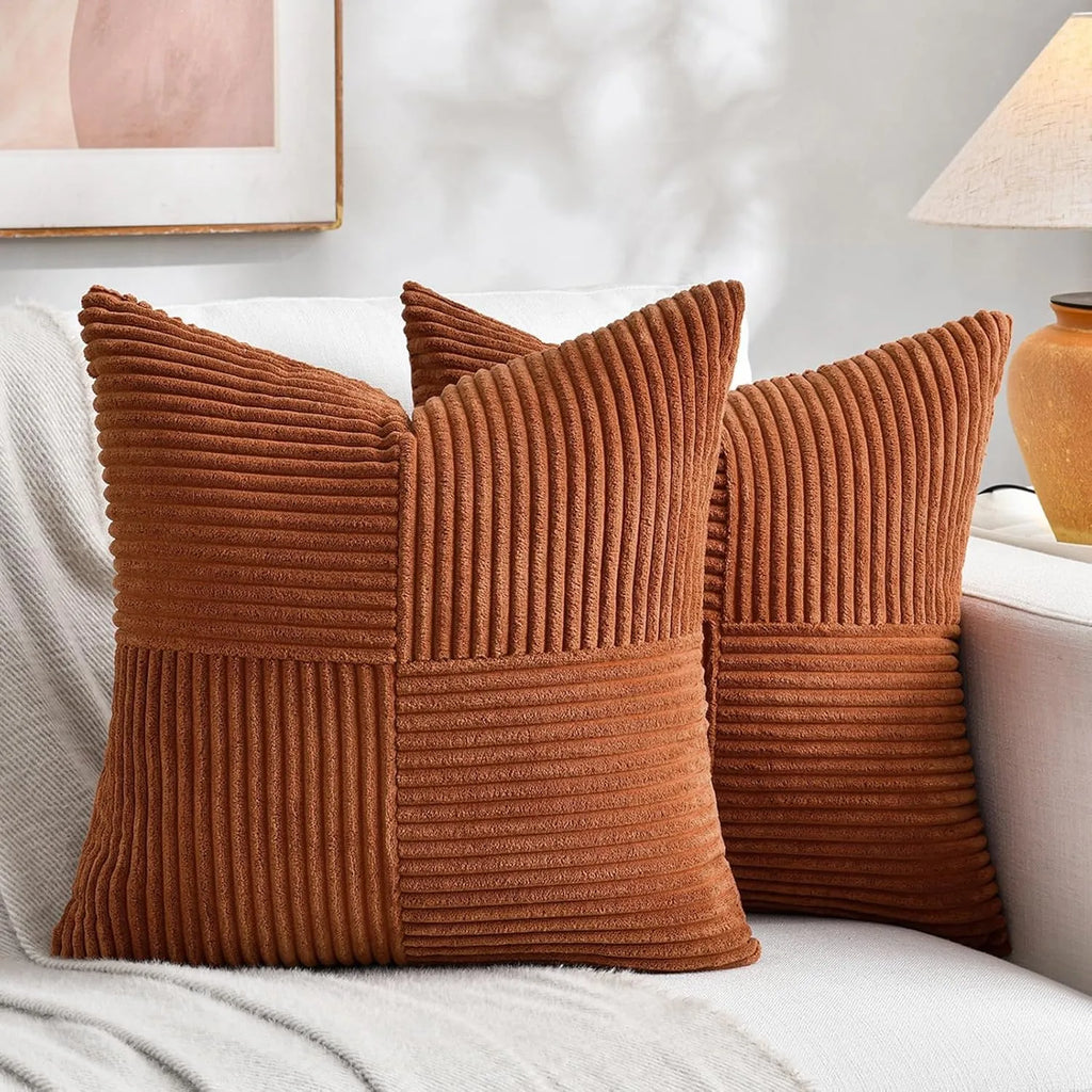 Rust Boho Corduroy Throw Pillow Cover – Farmhouse Patchwork Cushion Cover 18x18"